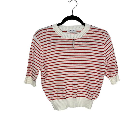 Madewell NWT Women’s Red Cream Striped Textural Stitch Cotton Sweater size XS - Picture 2 of 9
